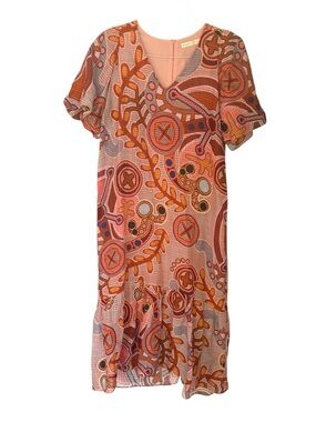 LN Marie Oliver Petra Coral Silk Blend Geometric Print Ruffle Hem Midi Dress XS